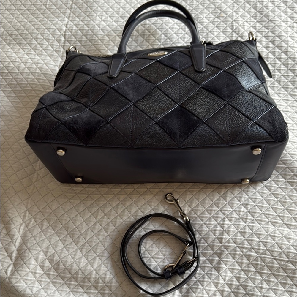 Blue Suede and Leather Patch Design  Satchel with Detachable Strap